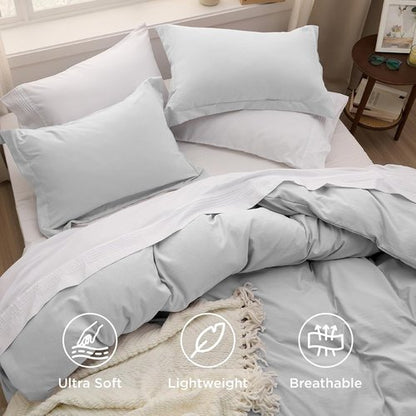 Bedsure Duvet Cover Set - Light Grey Full Size, 3 Pieces of Extra Soft Cotton-Like Polyester with Zipper Closure & Pillow Shams