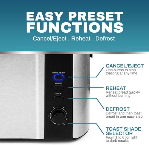 Elite Gourmet Long Slot 4-Slice Toaster - Extra Wide Slots, 6 Toast Settings, Stainless Steel & Black