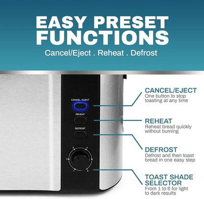 Elite Gourmet Long Slot 4-Slice Toaster - Extra Wide Slots, 6 Toast Settings, Stainless Steel & Black