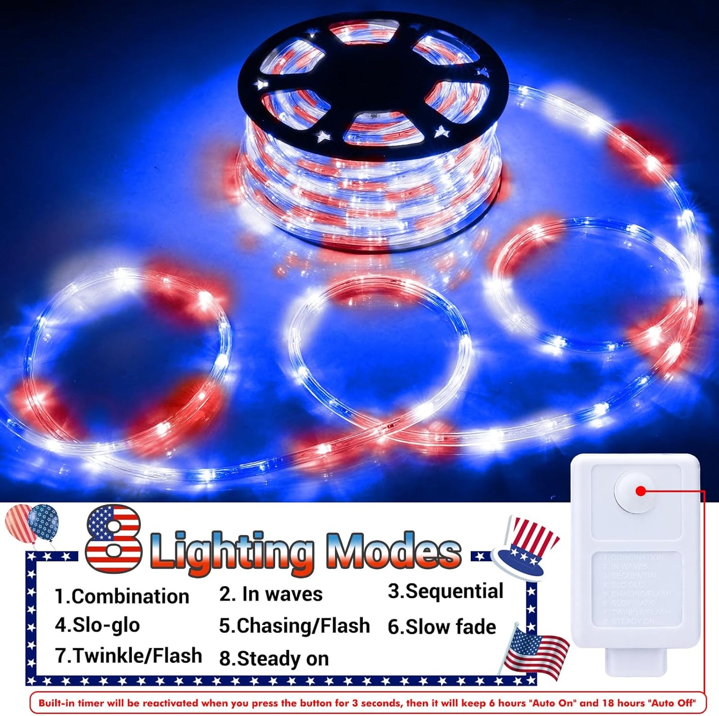 Skiennix 50ft LED Rope Lights - Connectable & Flexible Tube Lighting with 8 Modes | Waterproof Red, White & Blue Decor