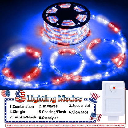 Skiennix 50ft LED Rope Lights - Connectable & Flexible Tube Lighting with 8 Modes | Waterproof Red, White & Blue Decor
