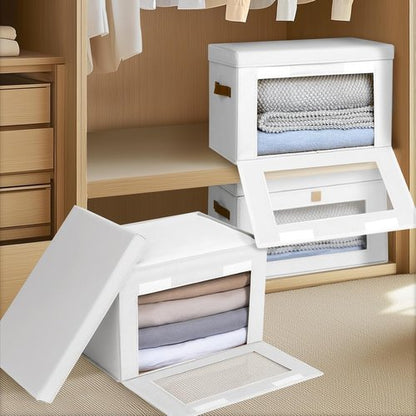 Homsorout Large Clothing Storage Bins - Collapsible Organizer Boxes with Handles & Lids | 2 Pack, White