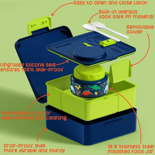 Fimibuke Bento Box - BPA Free & Leakproof Lunch Box with Insulated Food Jar & Utensils | 3-4 Compartments for Kids