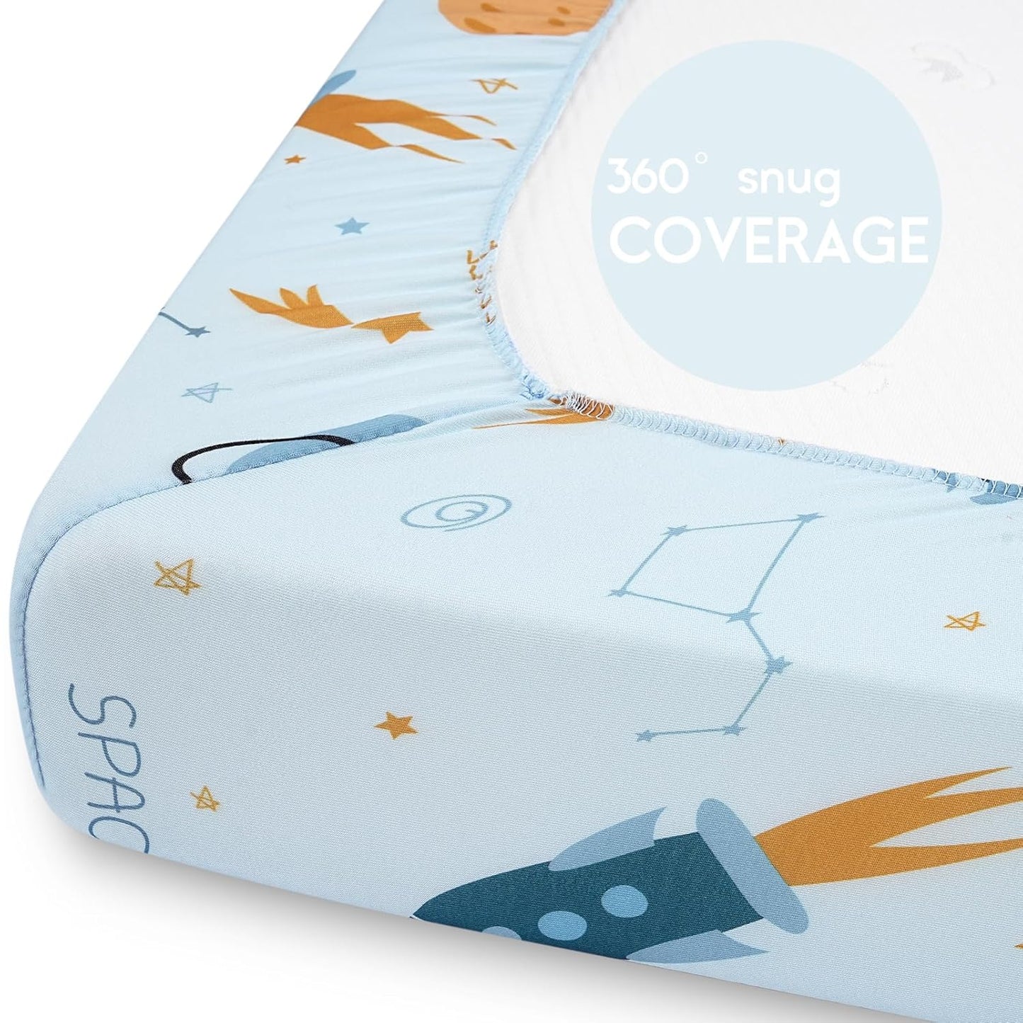 Yoofoss Fitted Pack and Play Sheets - Soft, Breathable Mini Crib Sheets 2-Pack in Blue Rocket Design