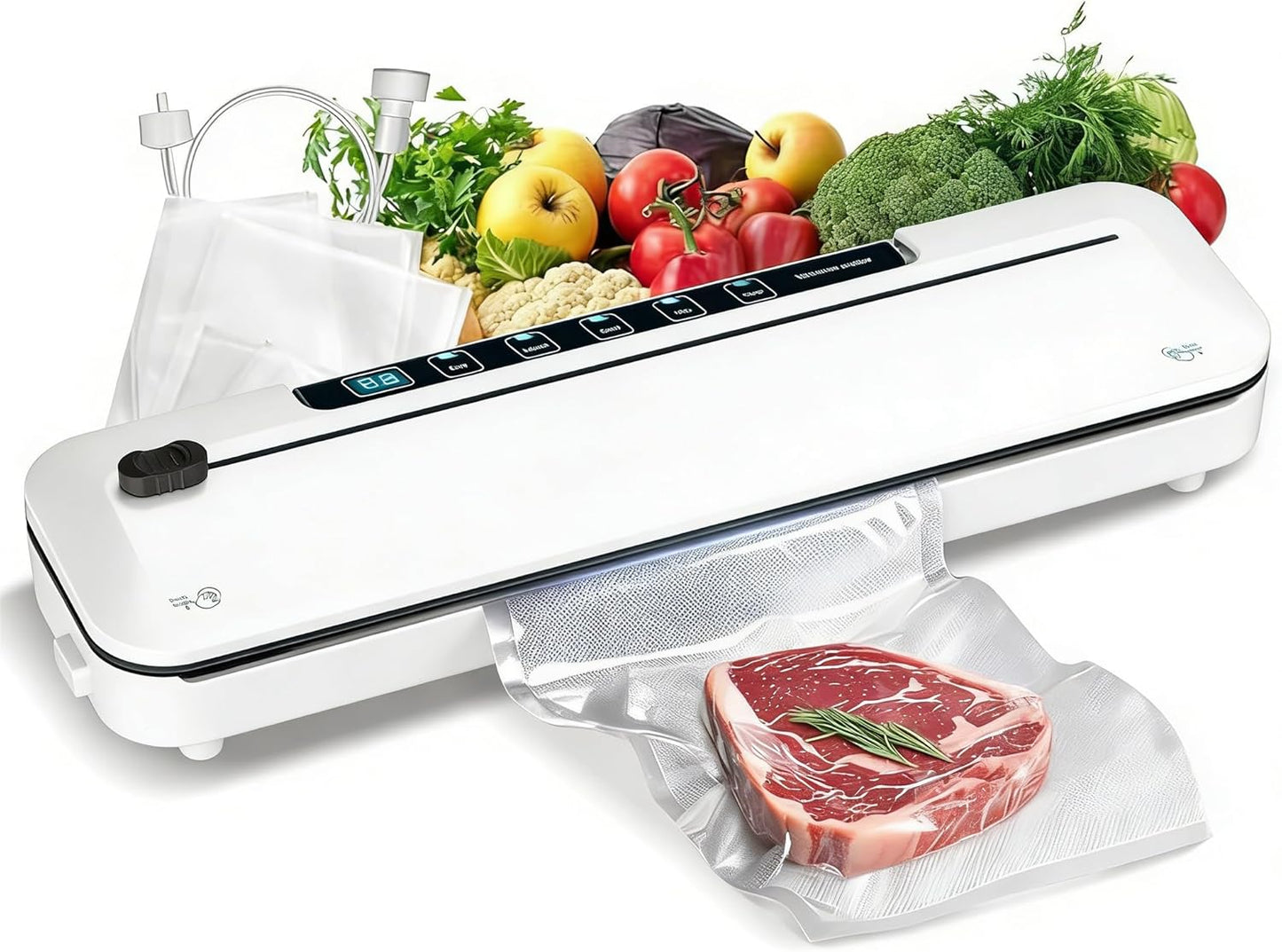 Vacuum Sealer Machine - 6-in-1 Dry/Moist Modes & Digital Timer | Compact Design with 10 Bags (White)