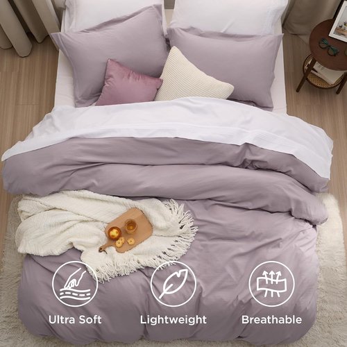 Bedsure Duvet Cover Set - Dusty Purple Full Size, Extra Soft Cotton-Like Polyester, 3 Pieces with Zipper Closure