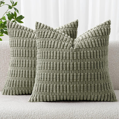 MIULEE Corduroy Throw Pillow Covers - Soft Boho Striped Design | 16x16 Inch Light Olive Green
