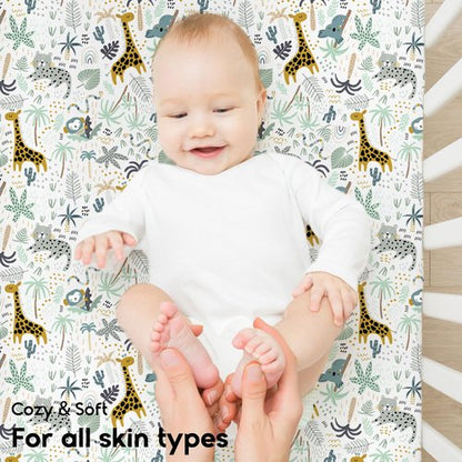 Yoofoss Pack and Play Sheets Fitted, Mini Crib Sheets 2-Pack for Pack N Play Mattress, Stretchy Playard Sheet, Soft and Breathable Green+Giraff