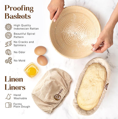 Skiennix Sourdough Starter Kit - 21 Piece Baking Supplies with 24oz Starter Jar & Rattan Baskets