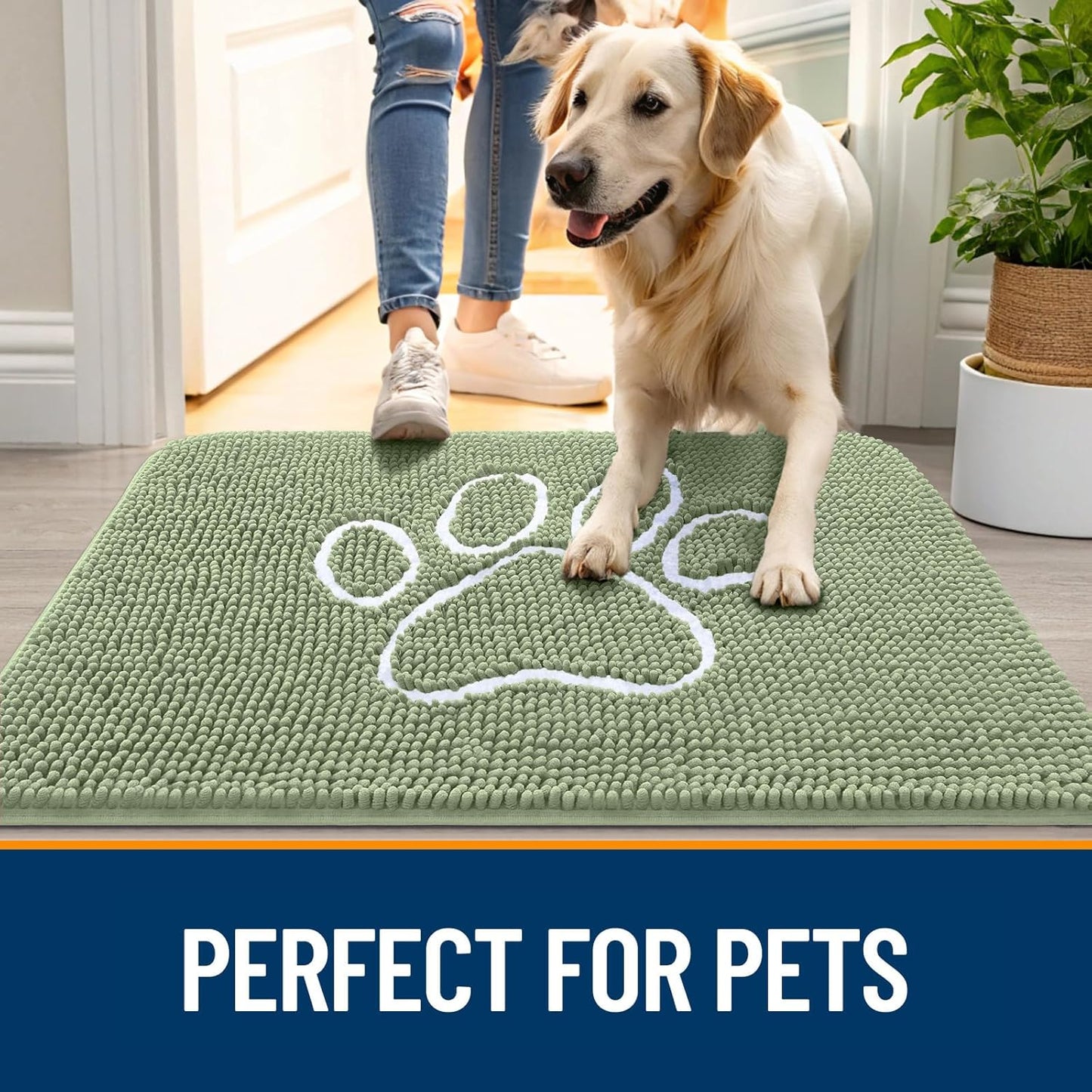 OLANLY Dog Door Mat - Absorbent Muddy Paws Doormat | Non-Slip Chenille 24x16 in Sage Green