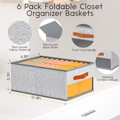 Homsorout Drawer Organizers - 6 Pack Foldable Pants Storage with Clear Window & Handles | Light Gray Fabric Closet Organizer for Clothes, Jeans, & More