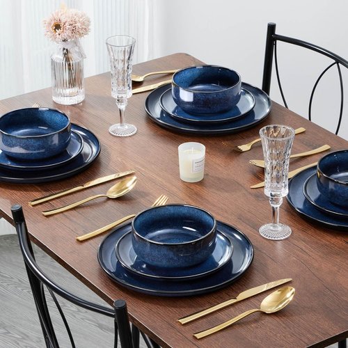 E-far Dinnerware Set - 12-Piece Stoneware Plates & Bowls | Microwave & Dishwasher Safe - Deep Sea Blue