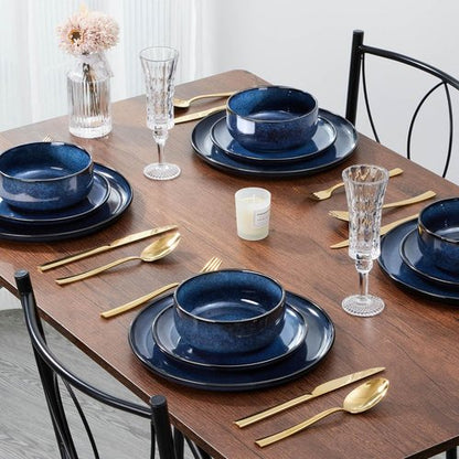 E-far Dinnerware Set - 12-Piece Stoneware Plates & Bowls | Microwave & Dishwasher Safe - Deep Sea Blue