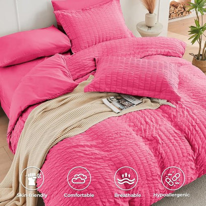 HYMOKEGE King Size Comforter Set - Hot Pink Seersucker 7-Piece Luxury Bedding Set for All Seasons