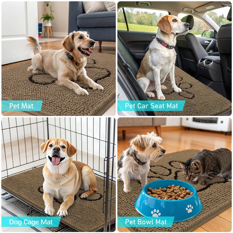 OLANLY Dog Door Mat for Muddy Paws 36x24, Paw Print Design, Absorbs Moisture and Dirt, Absorbent Non-Slip Washable Doormat, Quick Dry Chenille Mud Mat for Dogs, Entry Indoor Entryway Carpet, Tan
