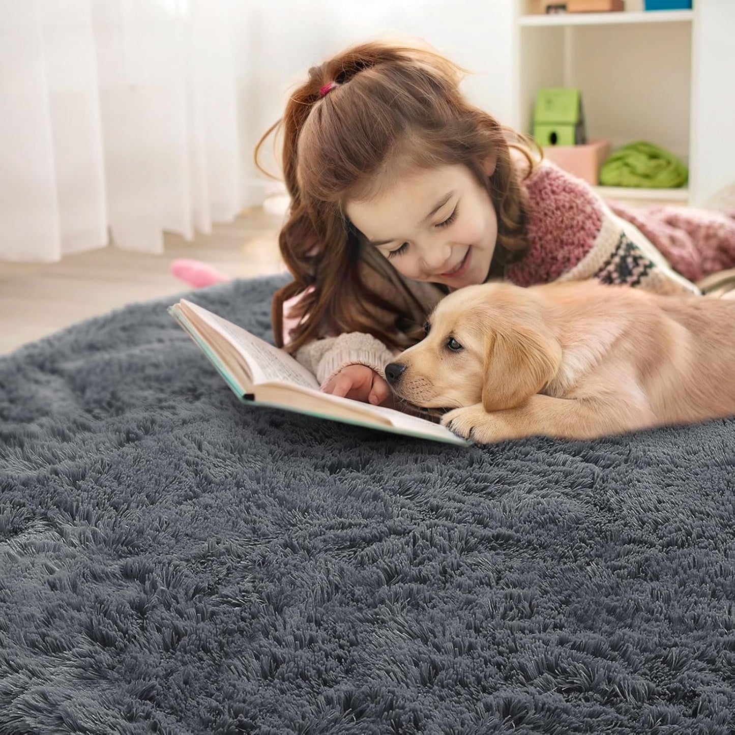 OLANLY Grey Round Area Rug - Soft, Fluffy, Machine Washable 2 ft Circle Carpet for Bedrooms & Nurseries