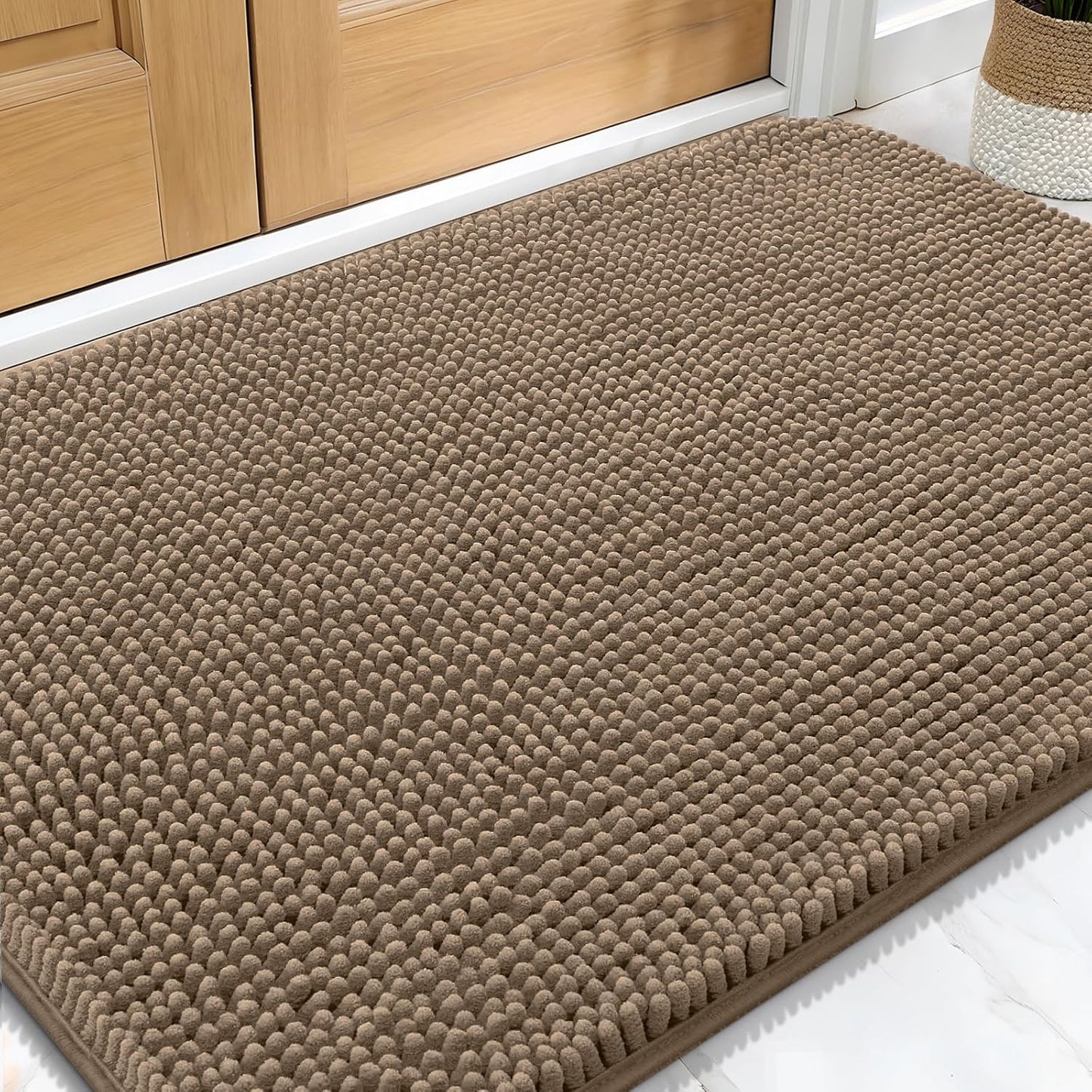 OLANLY Dog Door Mat - Absorbent Non-Slip Chenille Mat for Muddy Paws | 32x20 Tan Indoor Entryway Carpet