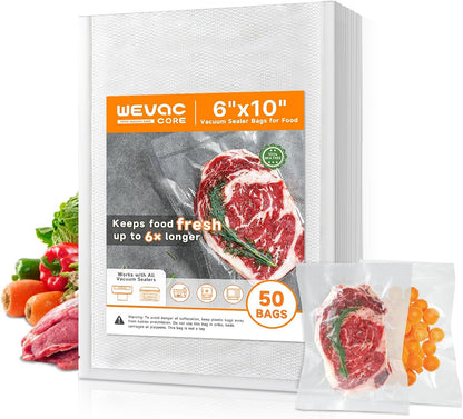 Wevac Vacuum Sealer Bags - Heavy-Duty BPA-Free Food Storage | 50 Count (6"×10"), Puncture-Resistant & Freezer Safe