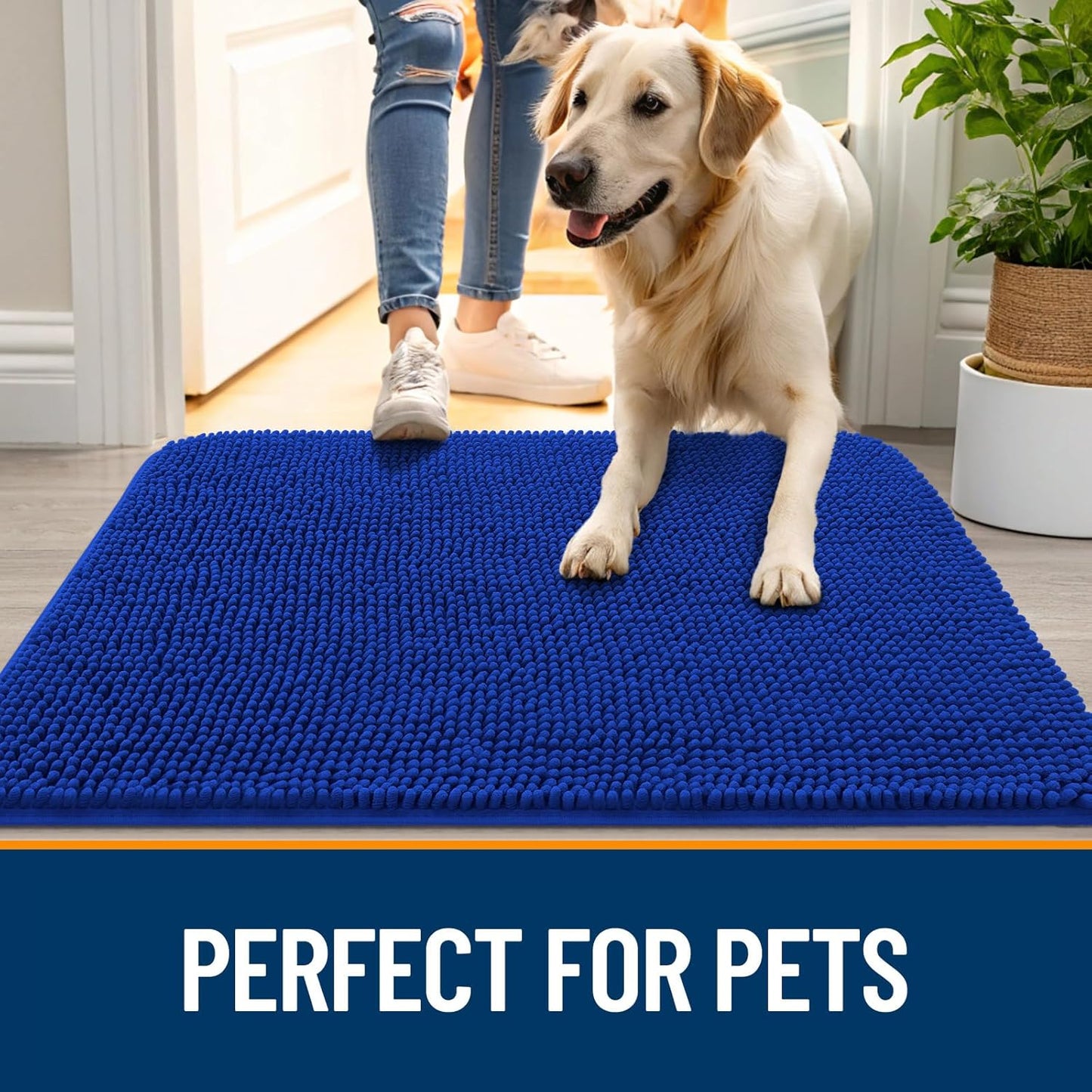 OLANLY Dog Door Mat - Absorbent Non-Slip Chenille Mud Mat for Indoor Use | 54x24 Royal Blue