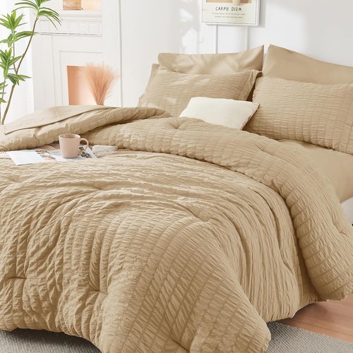 HYMOKEGE Twin Comforter Set - All Season Luxury 5-Piece Seersucker Bedding in Khaki