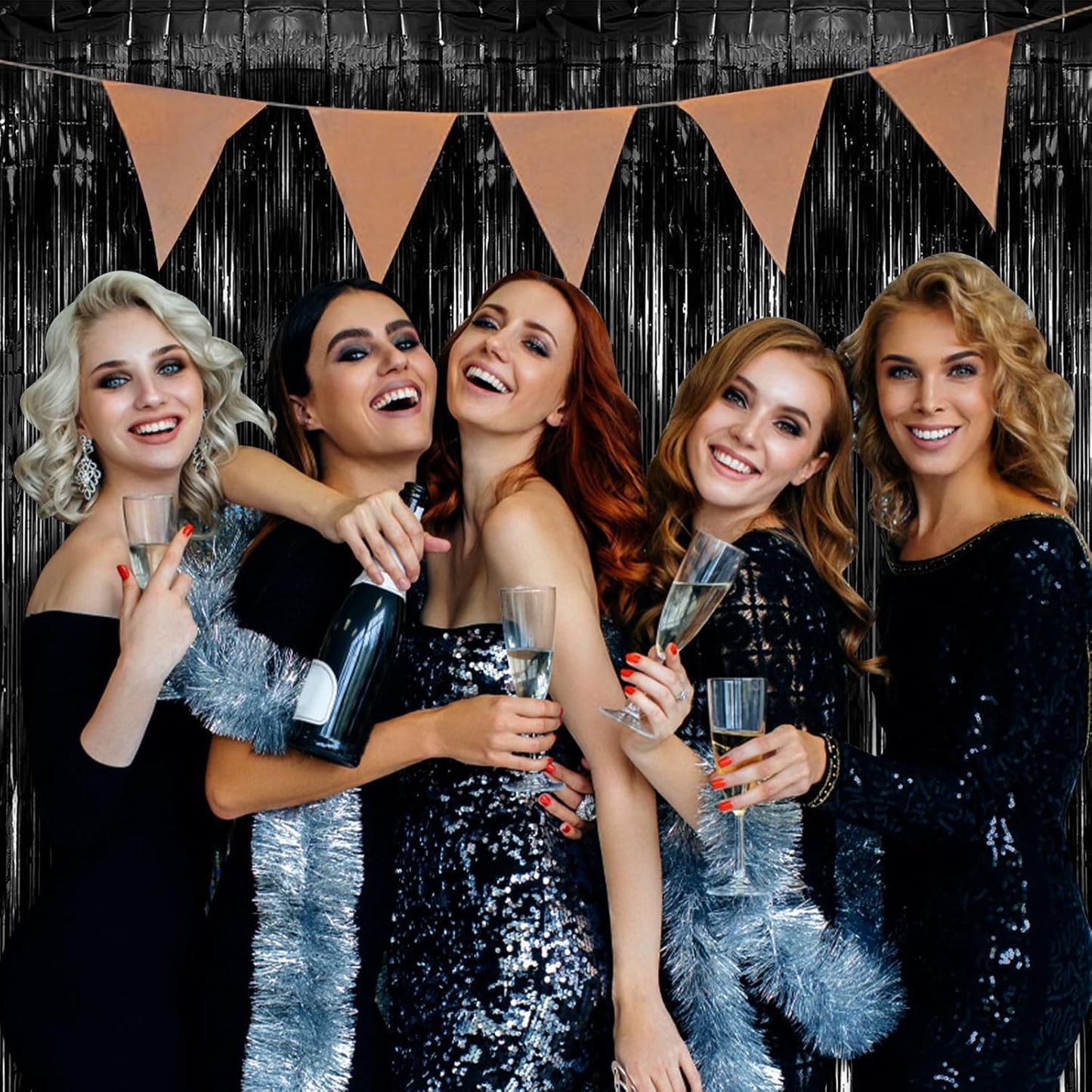 Skiennix Black Party Streamers - Tinsel Foil Fringe Curtains for Halloween & Birthday Decor | 5 Pack