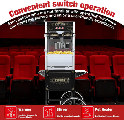 Skiennix 20 Oz Popcorn Machine Cart - Sleek Black Popcorn Maker with Storage Stand & Wheels