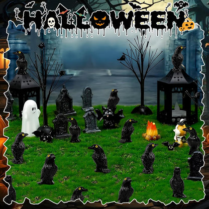 Skiennix Miniature Crows Figurines - 36pcs Tiny Black Raven Cake Toppers for Halloween Decor
