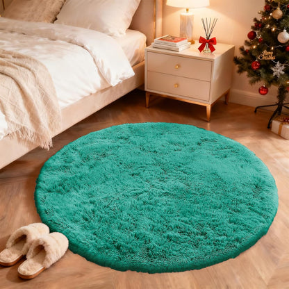OLANLY Teal Green Round Area Rug - Soft & Fluffy 4 ft Machine Washable Carpet for Bedroom & Nursery Decor