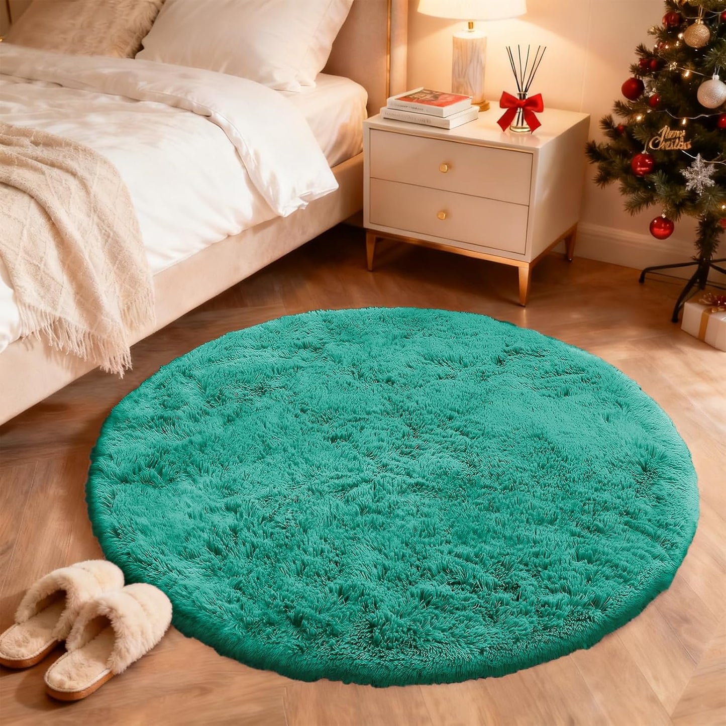 OLANLY Teal Green Round Rug - Soft, Machine Washable 7 ft Shaggy Area Carpet for Bedroom & Living Room Decor