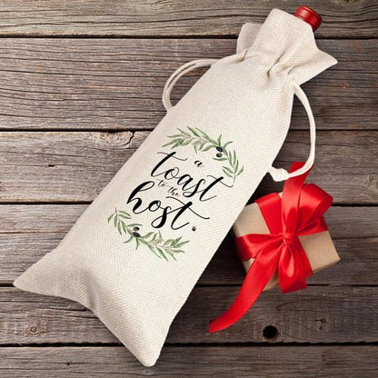 A Toast For the Host Wine Bag, Housewarming, Party Decor, Bridal Shower, Gift for Her, Hostess, Wedding, Girls Night, Holiday, Thank you Gift (Beige, 13.5 x 5.5Inches)