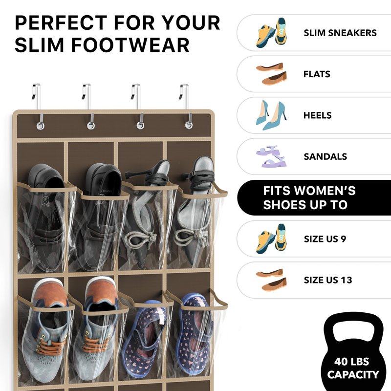 Simple Houseware 24 Pockets - Crystal Clear Over The Door Hanging Shoe Organizer, Brown (64'' x 19'')