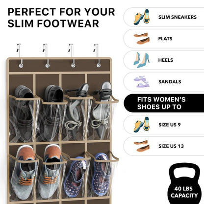 Simple Houseware 24 Pockets - Crystal Clear Over The Door Hanging Shoe Organizer, Brown (64'' x 19'')