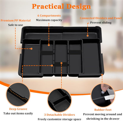 Spaclear Utensil Drawer Organizer - Expandable Silverware Holder for Kitchen | Adjustable Black Plastic Tray
