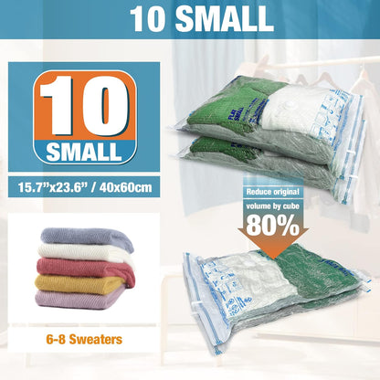 Skiennix Vacuum Storage Bags - 10 Small Space Saver Vacuum Seal Bags with Travel Hand Pump