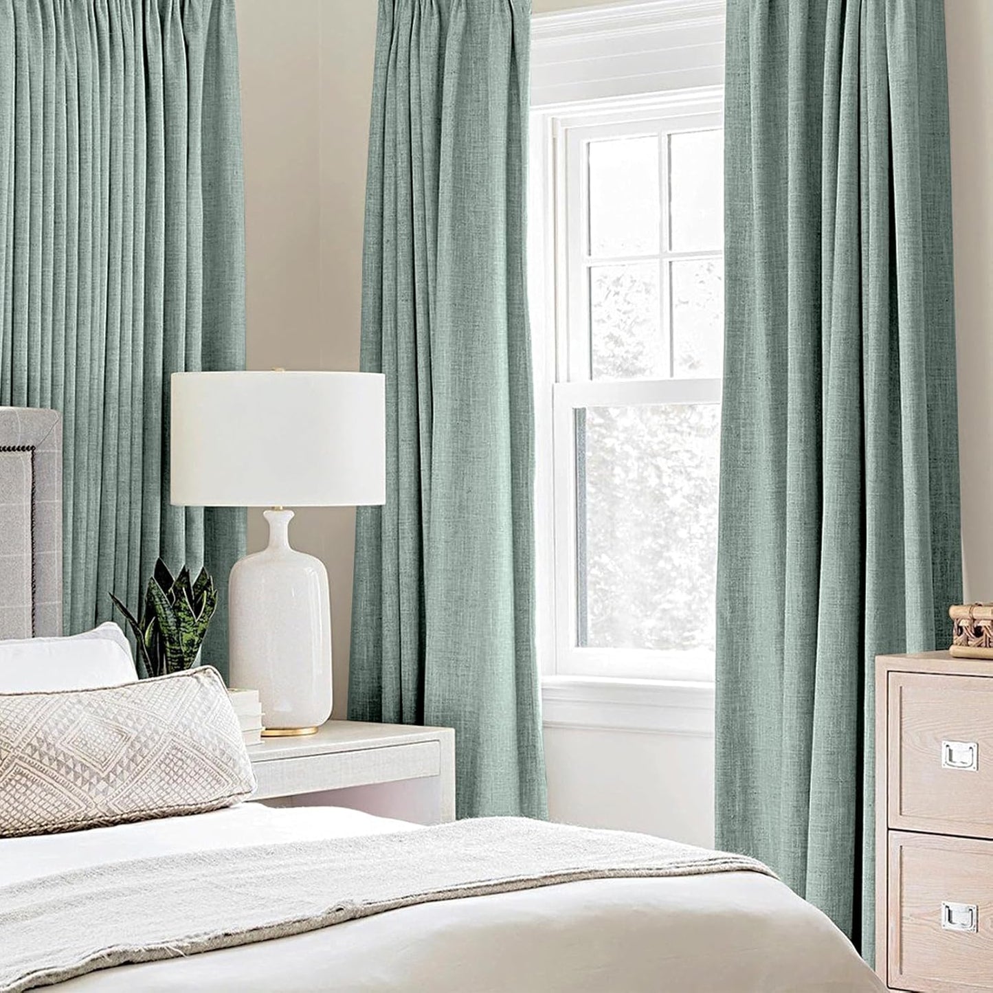 MIULEE 90-Inch Linen Texture Curtains - 100% Blackout Thermal Insulated Seafoam Green Drapes | 52x90 Inch (2 Panels)
