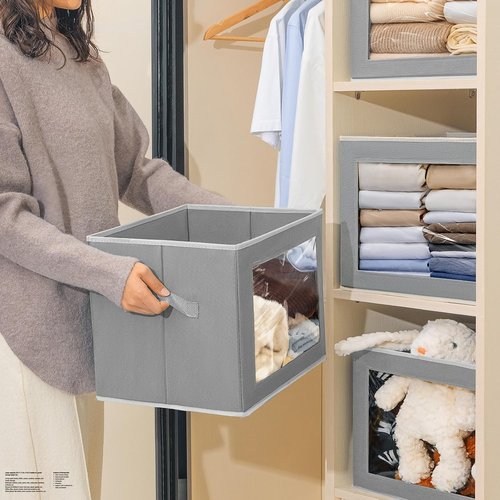 Homsorout Storage Bins - 4 Pack Large Fabric Organizing Cubes with Lids & Handles | Grey