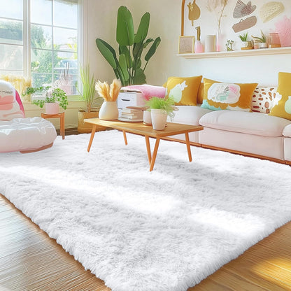 OLANLY 5x5 Area Rug - Soft, Fluffy Shaggy Design for Living Room & Bedroom | Machine Washable, White