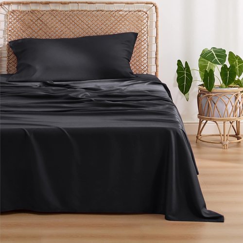 Bedsure Cooling Twin Sheets - Breathable & Soft Rayon from Bamboo | Deep Pocket Up to 16 Inches, Black