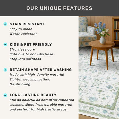 Hazo Haus Oushak Runner 2x10 Hallway Rug - Floral Pastel Boho, Washable Low Pile Non Slip Extra Long Runner Rugs for Kitchen, Hall Way - Cream Blue and Green