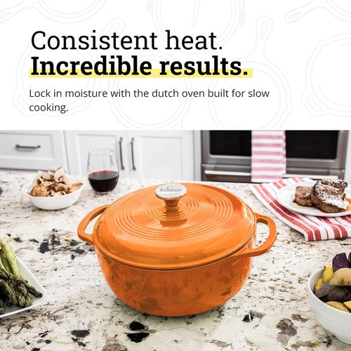 Lodge Essential Enamel Cast Iron Dutch Oven - 6 Quart Moisture-Sealing Lid & Dual Handles - Apricot