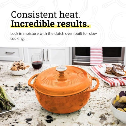 Lodge Enamel Cast Iron Dutch Oven - 6 Quart Moisture-Sealing Lid & Dual Handles - Apricot Color