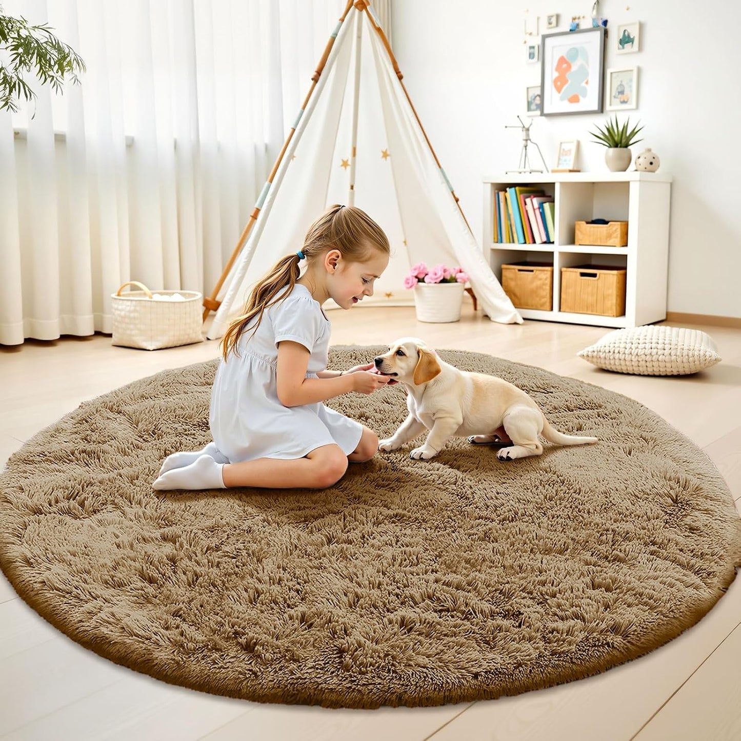 OLANLY Taupe Round Area Rug - Soft, Fluffy, Machine Washable 9 ft Circle Carpet for Bedroom & Living Room