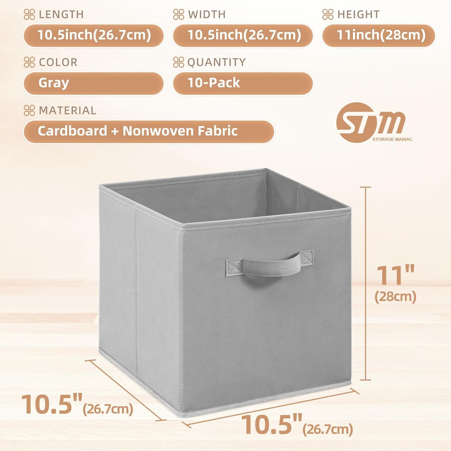 **Storage Maniac Storage Cubes - 11-Inch Collapsible Fabric Bins with Handles | 10-Pack Grey for Organized Spaces**