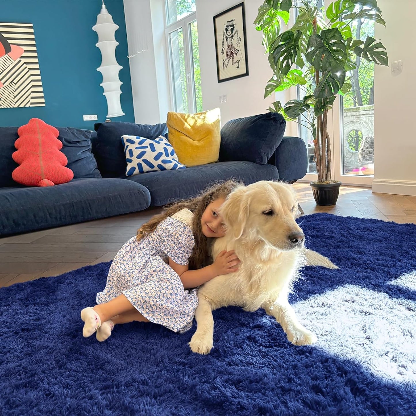 OLANLY Soft Fluffy 3x5 Machine Washable Bedside Rug - Navy Blue Shaggy Carpet for Kids & Home Decor