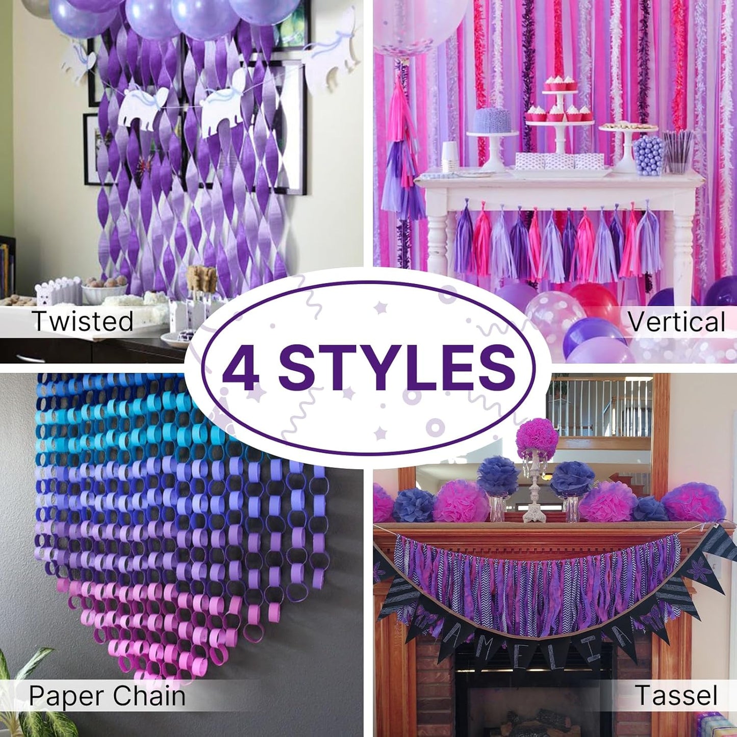 PartyWoo Purple Crepe Paper Streamers - 8pcs 656ft Light & Dark Purple, Lavender, White & Silver for Birthday & Graduation Decor