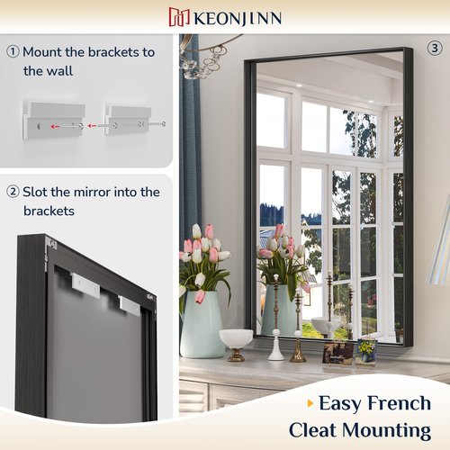 Keonjinn Black Bathroom Mirror 22 x 30 Inch, Brushed Black Framed Mirror for Over Sink, Rectangle Wall Vanity Mirrors with Square Corner, Alumium Frame, Modern Farmhouse Style
