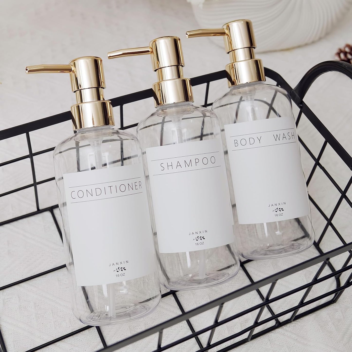 Skiennix Shampoo and Conditioner Dispenser Set - Modern 16oz Refillable Bottles with Pump | Stylish Clear Design