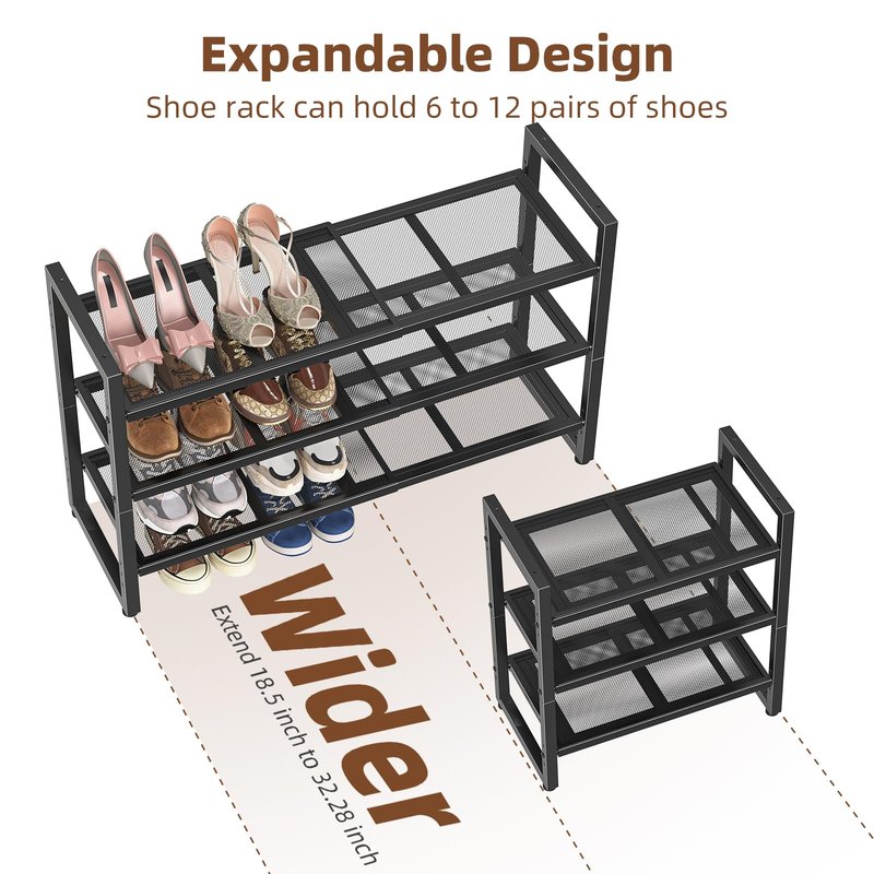 Simple Trending 3-Tier Expandable Shoe Rack, Adjustable & Stackable Shoe Organizer, Metal Mesh Free Standing Shoe Shelf Storage for Closet Entryway Doorway, Black