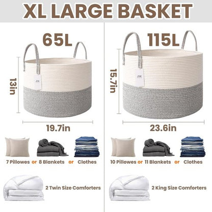 JMvicyroam 65L Extra Large Blanket Basket - Woven Cotton Rope Laundry Hamper with Reinforced Handles | Machine Washable White & Grey Storage Bin for Pillows, Comforters & Toys