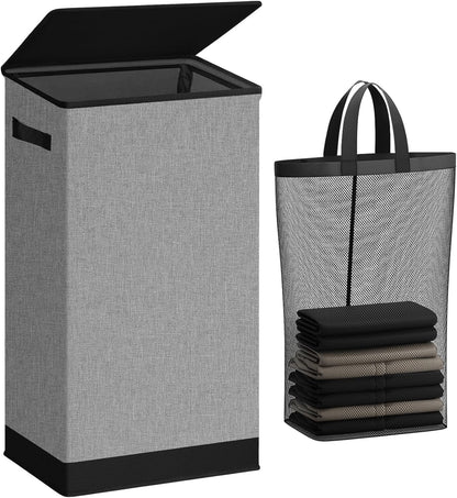 SOLEDI Laundry Hamper - 100L Large Collapsible Basket with Lid & Removable Bag - Grey